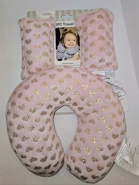 Babe Luxe Kids Pink Gold Heart U-Neck Pillow & Strap Covers NEW